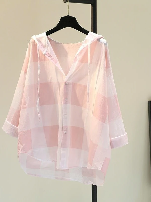 

Розовый клетчатый хлопковый льняной женский летний кардиган с капюшоном, новый корейский свободный повседневный тонкий топ, открытый кардиган, весна-осень, новое поступление