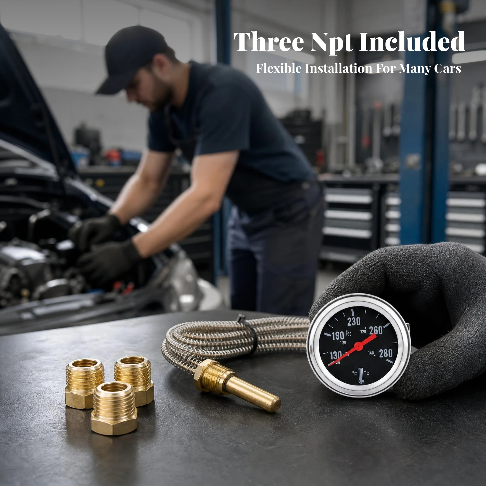 Black Dial Vehicle Instrument Mechanical Water Temperature Gauge Capillary Tube Car Water Temperature Gauge Metal