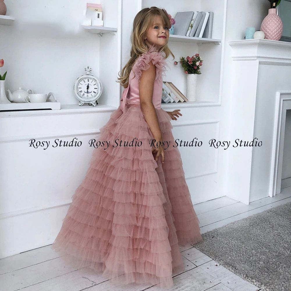 Cute Pink Blush Jewel Flower Girl Dresses Tiered Skirt Floor Length Holy Communion Gown A-line Kids Prom Dress Vestidos Niña