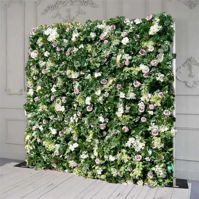 3D green leaves and pink roses artificial plant floral wall fabric rolled curtains outdoor wedding background proposal decoratio