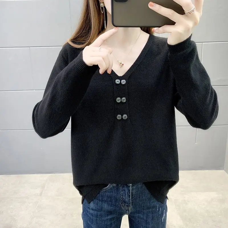 Women\'s Clothing Office Lady Solid Color Pullover V-Neck Button Long Sleeve Sweater Knitted Casual Screw Thread Elegant Tops