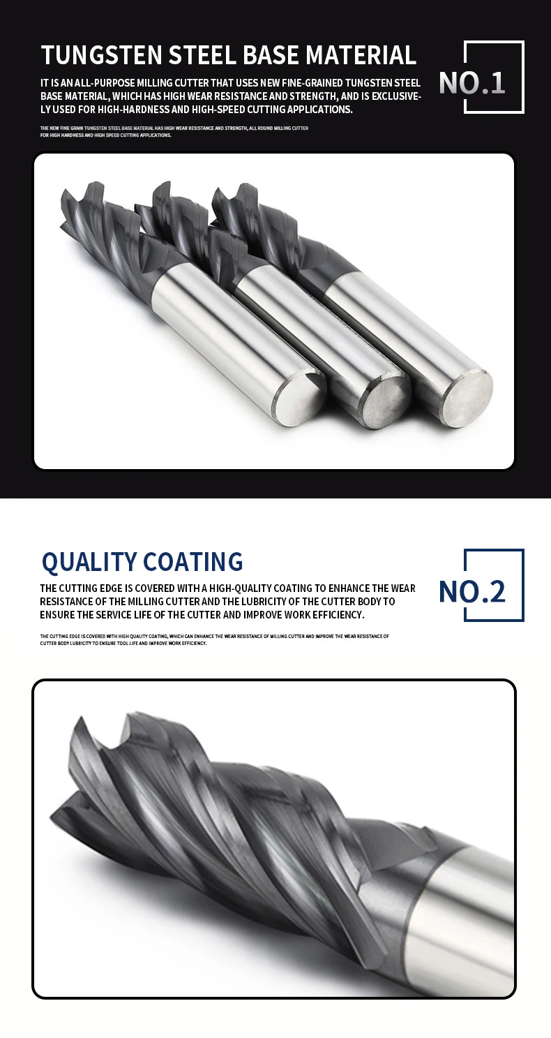 Inç boyutu karbür freze kesicisi 4 flüt 1/2,3/8,5/16,1/4,3/16,1/8 Metal anahtar koltuk Tungsten çelik CNC makine kesme frezeler