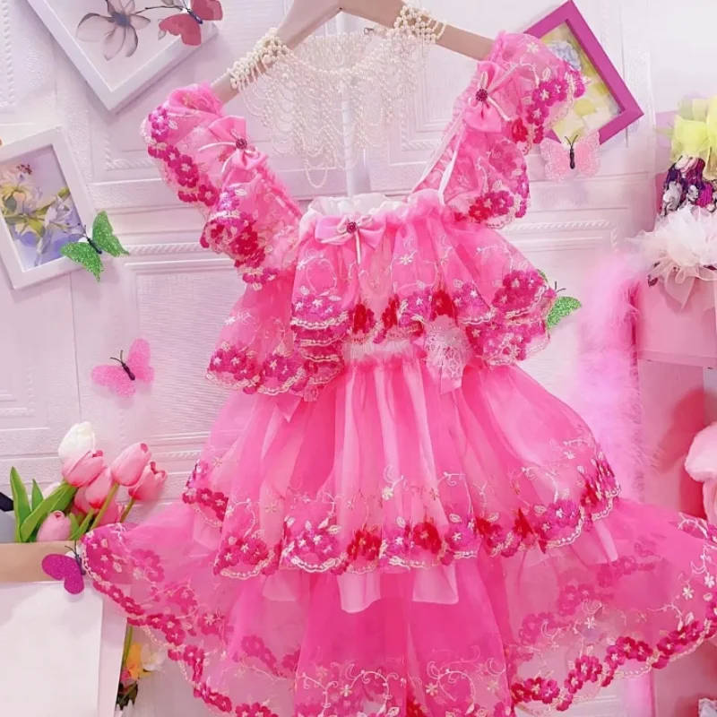 Vestido JSK rosa para chica, minivestido Sexy de sirvienta Sissy COS, travesti, ABDL, con lazo, volantes de encaje, dulce princesa, vestido hinchado de tul