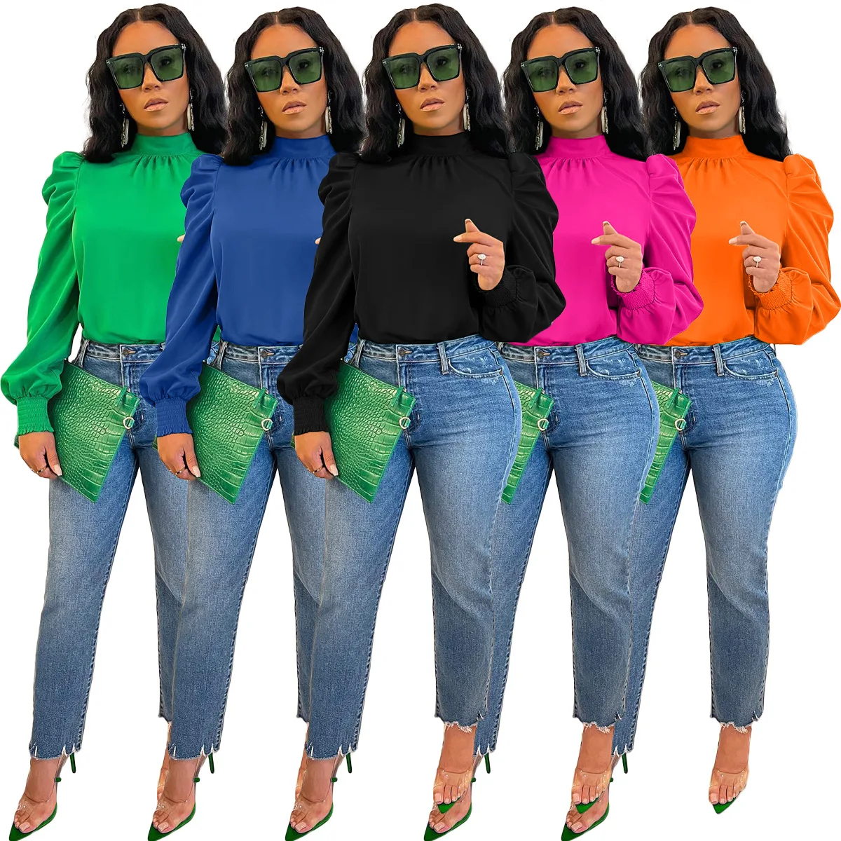 Top Damen Casual T-Shirt mit Stehkragen, Puffärmeln, Schnürung und Falten, einfarbige Oberteile, Herbst 2025, Bürobluse für Damen, Damen-T-Shirts