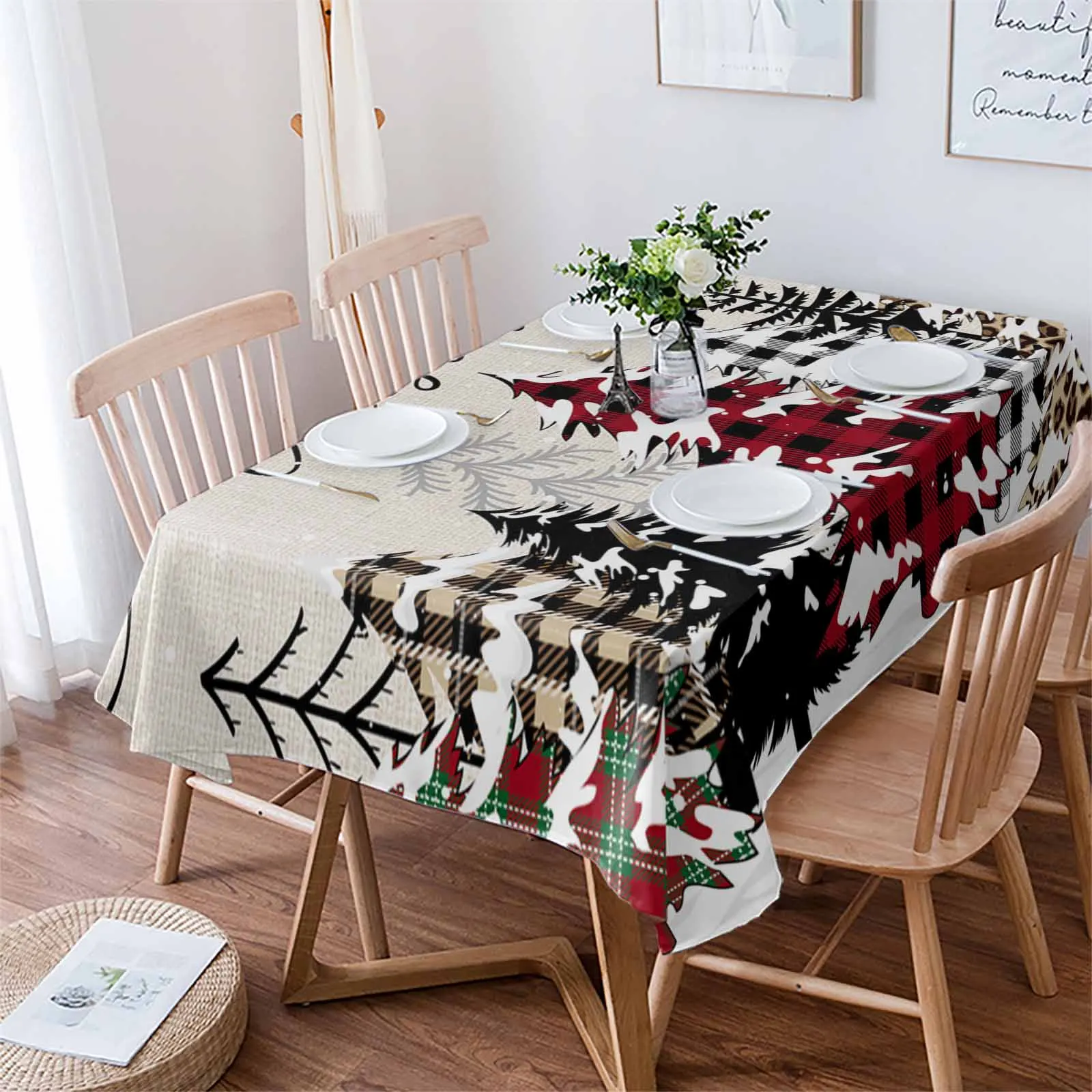 Christmas Winter Grid Christmas Tree  Tablecloth Waterproof Dining Table Rectangular Round Table Cover Home Kitchen Decoration