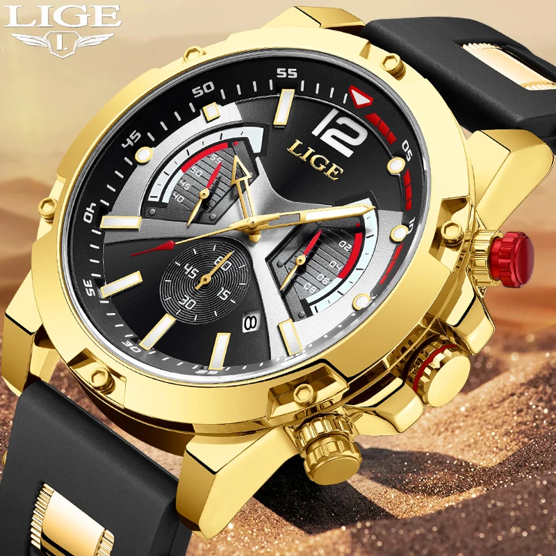 LIGE Fashion Silicone Watches for Men Sports Waterproof Men Watch Business Military Chronograph Quartz Wristwatches Montre Homme