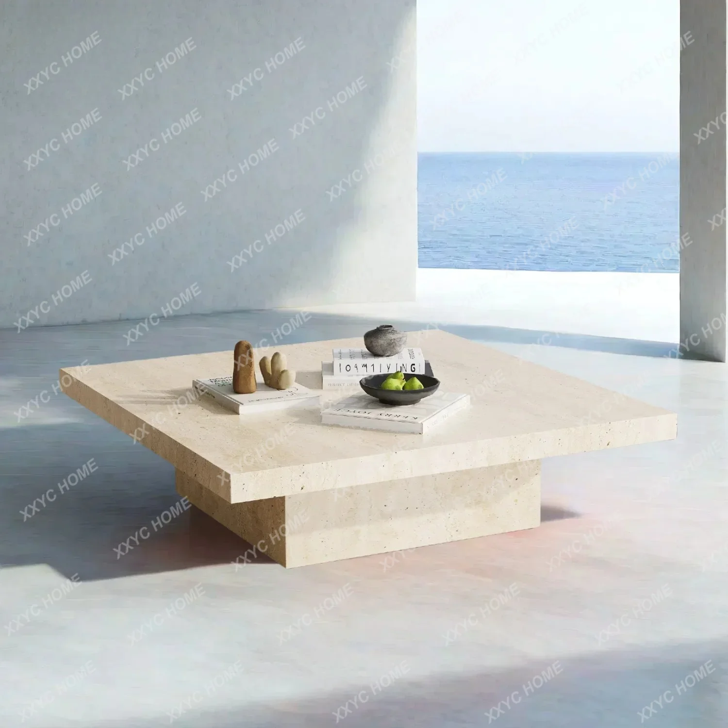 To Mid-Century Retro Red Travertine Coffee Table Marble Slate Large Square Tea Table Living Room Tea Side Table High-end Feeling