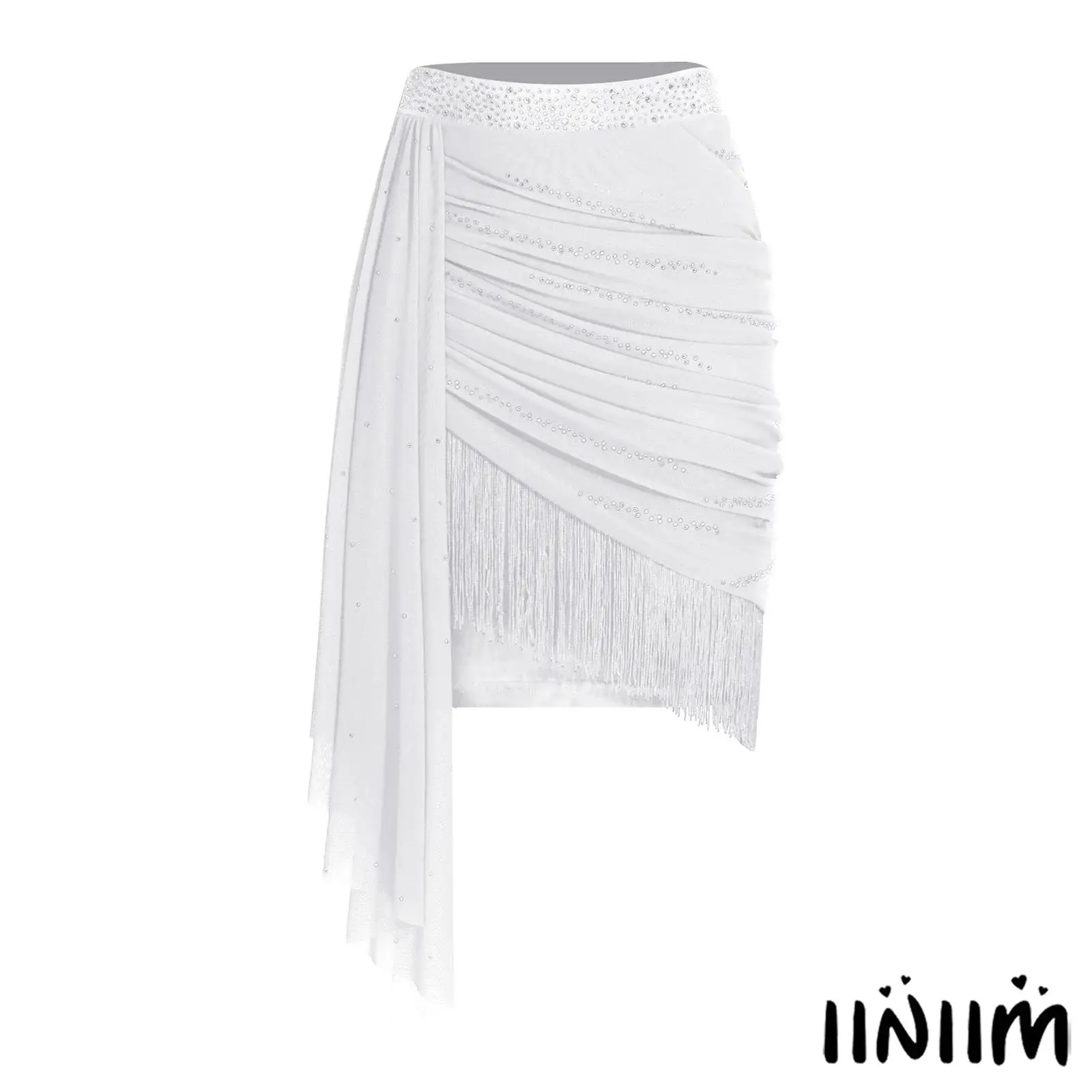 

Womens Shiny Rhinestones Salsa Latin Jazz Dance Skirt Elastic Waistband Mesh Drape Ruched Skirt Tango Ballroom Dance Outfit