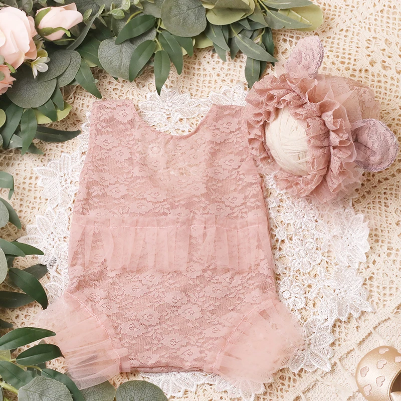 Ylsteed 2 Pieces Set Newborn Infant Photo Shooting Lace Romper with Ear Hat Dusty Pink Baby Girl Photography Clothes