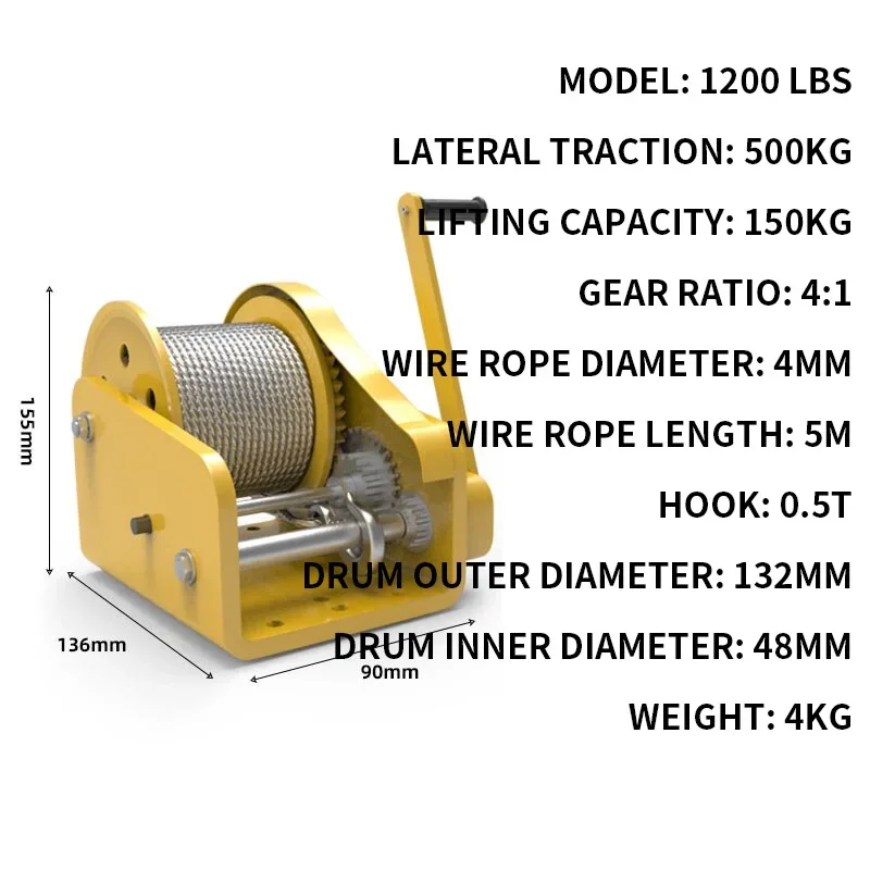 Multifunctional Manual Winch, Bidirectional Self-Locking Hand-Crank Ratchet Winch, Towing Machine, Hoist, Crane