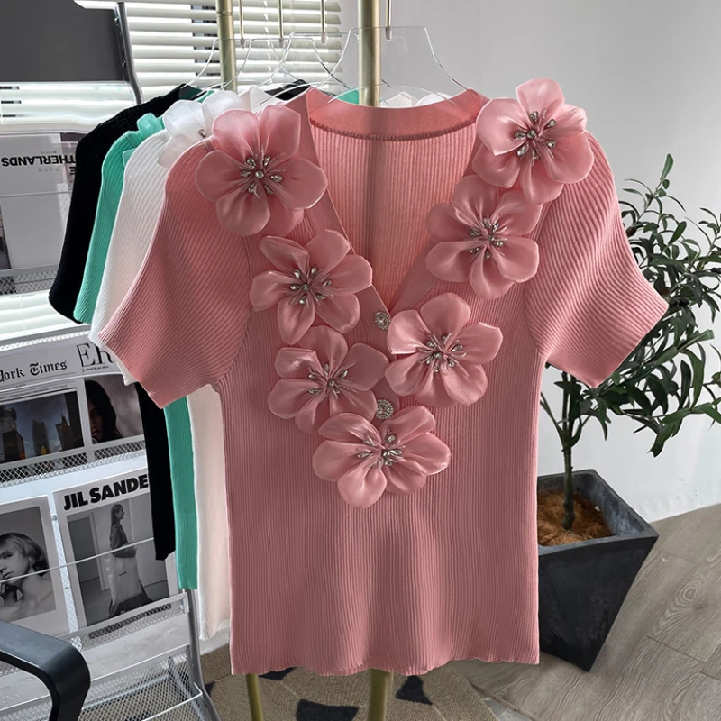 2024 Elegant Sweet 3D Flower Top Bead Inlaid Diamond Knitted Shirt Women Summer V-Neck Elastic Pullover Slim Short Sleeved Tee