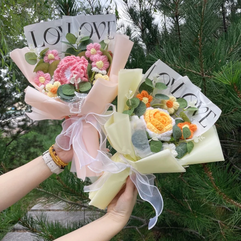 الانتهاء من محبوك روز عباد الشمس قرنفل الكروشيه اليدوية باقات عيد الحب عيد الأم هدية التخرج