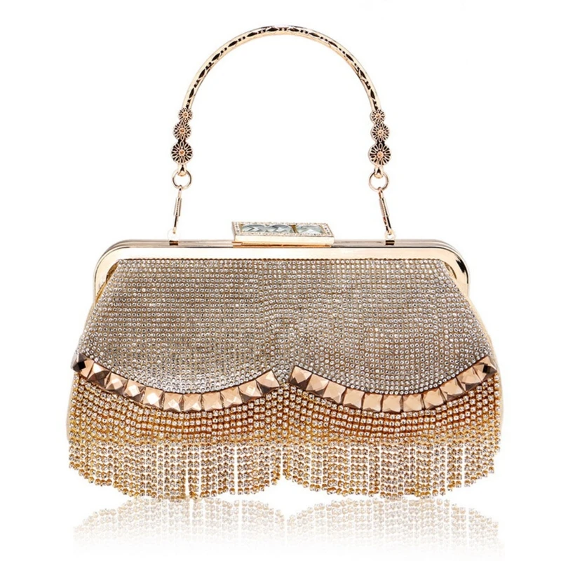 

Gold Clutch Purses Rhinestones Crystal Tassel Handbags Evening Clutch Bag E74B