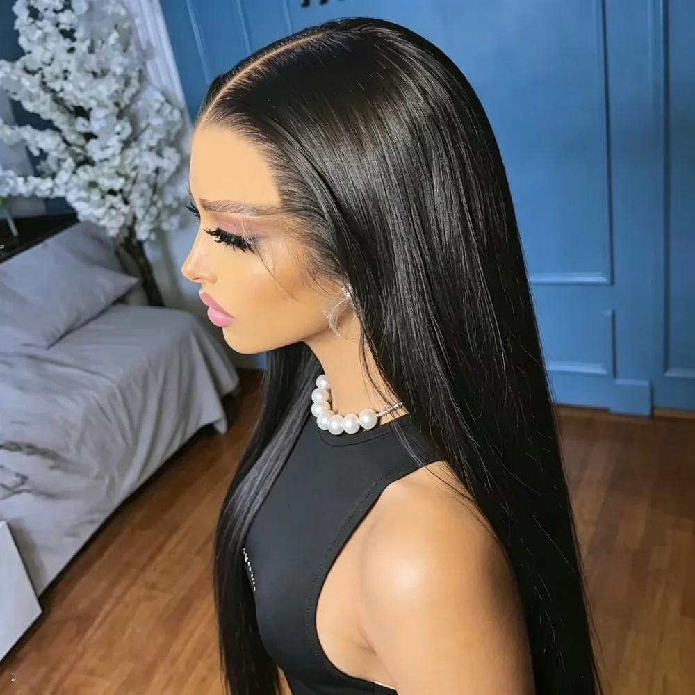 

Glueless Soft Preplucked Natural Black 13x4 Lace Front Wig 30Inch 180Density Straight Synthetic Baby Hair Heat Resistant Daily