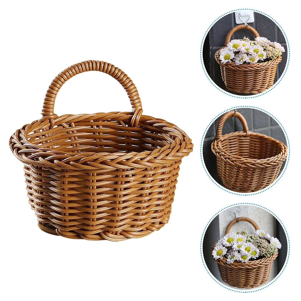 

Light Brown Imitation Rattan Wall Hanging Flower Basket Durable Woven Storage Organizer Multi- Garden Balcony