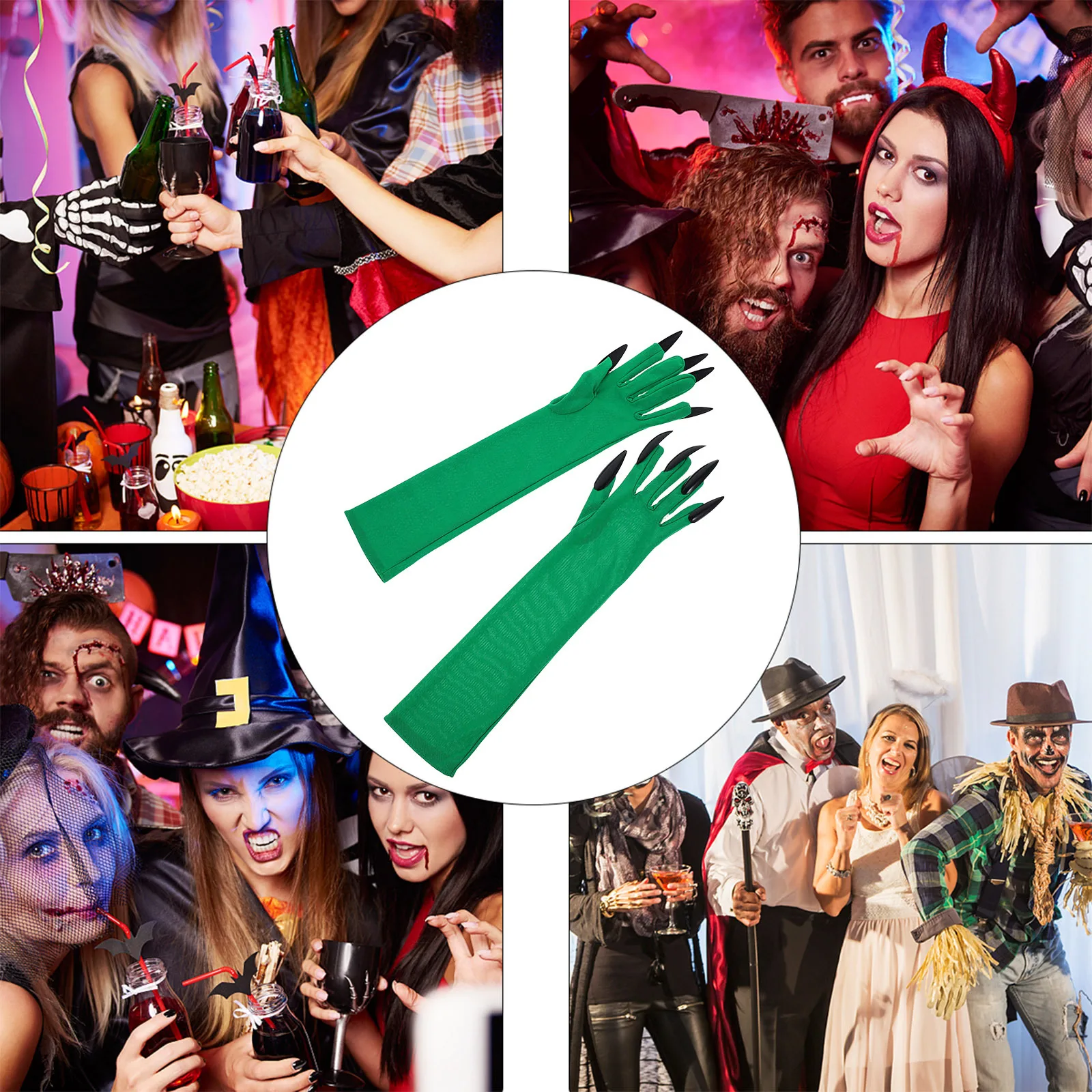 1 par de guantes de garra de Halloween, uñas largas para dedos, mangas de brazo verdes, disfraz de miedo, guantes de pata, accesorios de Cosplay para mujer