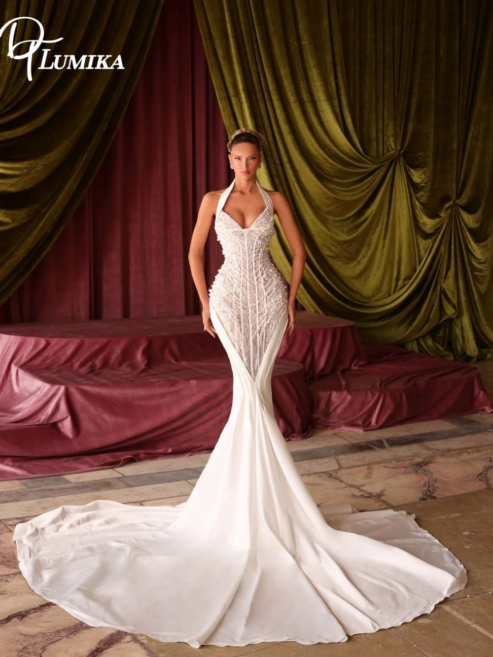 Luxury Beaded Halter Neck Mermaid Bridal Gown With Satin Skirt Wedding Dress Customized Elegant Vestido De Novia For Wedding Day