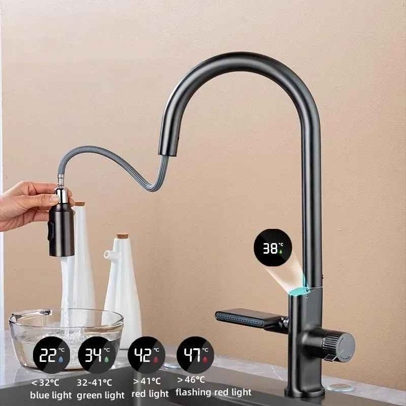 Bathroom Faucet Hot Cold Water Sink Mixer Tap Pull Out Stream Sprayer Waterfall Temperature Sensor Digital Display Kitchen Tap