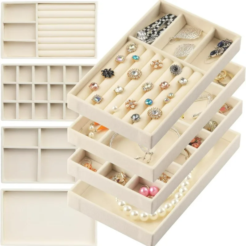 Plateau à bijoux en velours, support pour boucles d'oreilles, boîte de rangement empilable en velours, plateau de présentation, tiroir de présentation pour bagues, bracelets, colliers