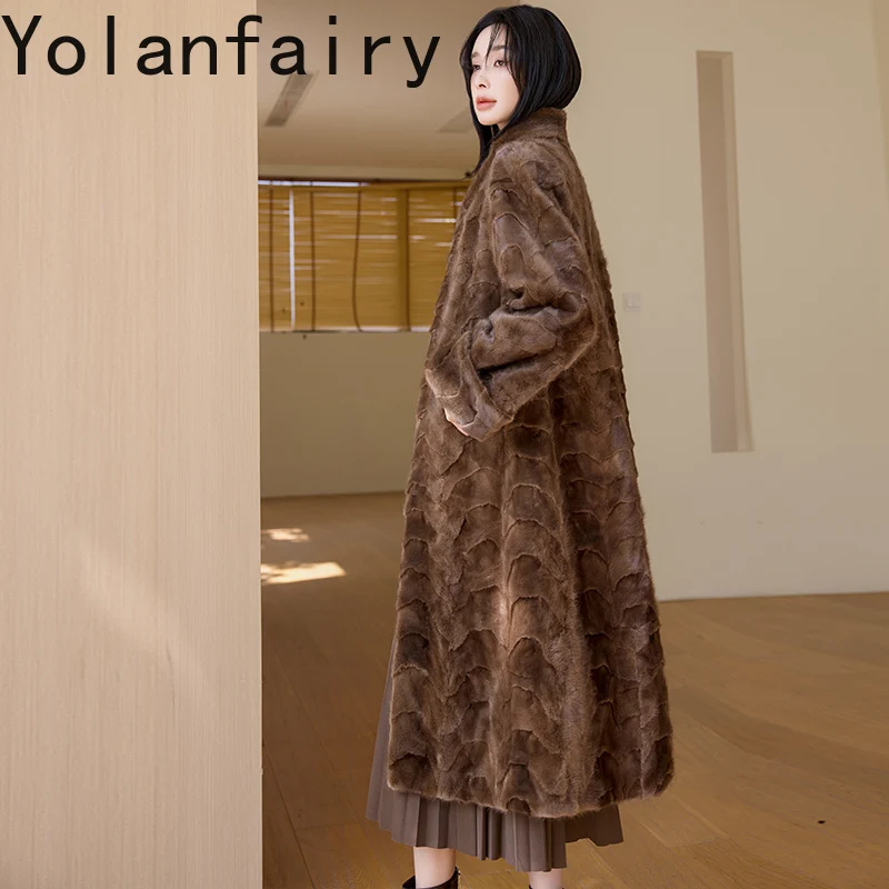 Yolanfairy casaco de pele real de vison de alta qualidade mulher inverno 25 elegante gola longa casacos de pele de vison feminino jaqueta de pele outerwears