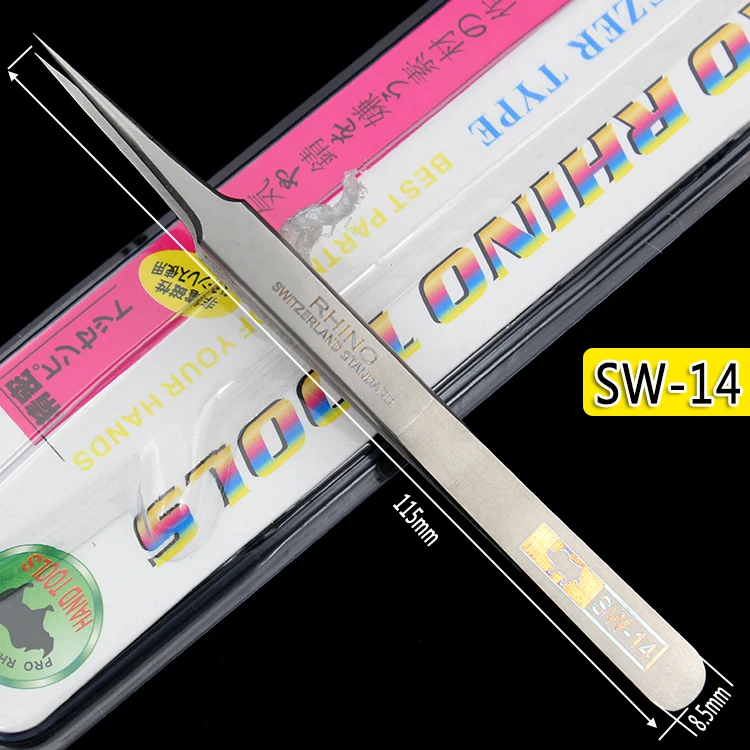 Japanische RHINO SW-Serie, mattierte, antimagnetische und säurebeständige Schweizer Technologie, schlanke, spitze Präzisionspinzette mit hoher Härte
