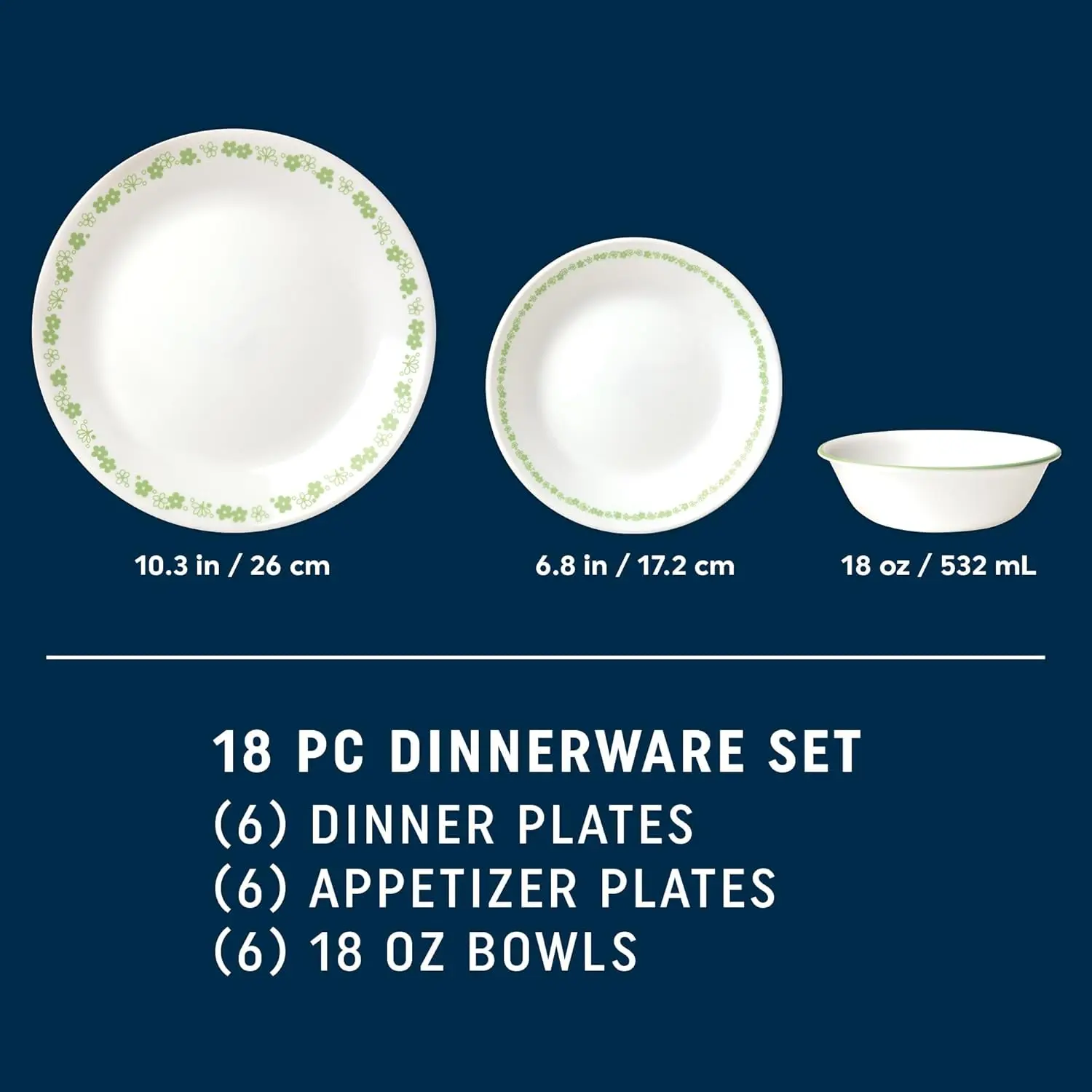 Vitrelle 18 Piece Glass Dinnerware Sets Service for 6, Triple Layer Chip & Crack Resistant Glass Plate and Bowl Sets, Spring Blo