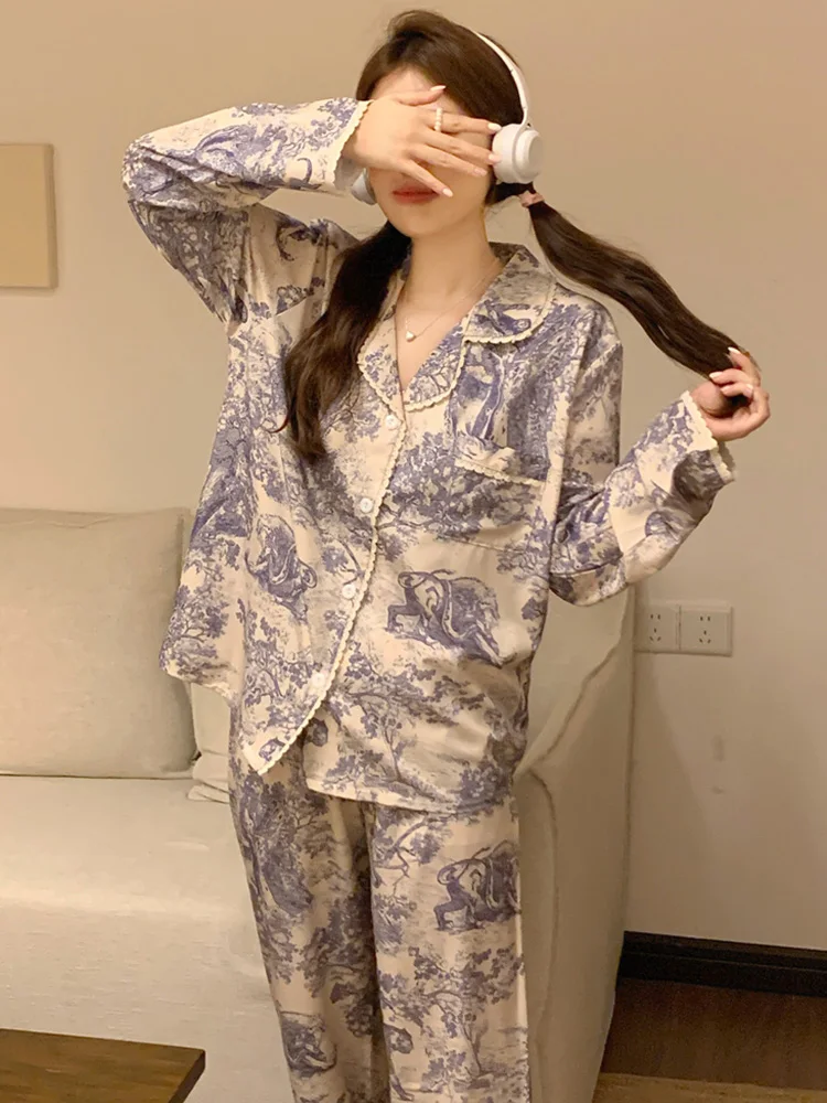 Neue Spitze lose Druck Herbst Winter Langarm Pyjama Set Frauen Vintage Totem chinesischen Stil chinesischen Stil elegante Nachtwäsche