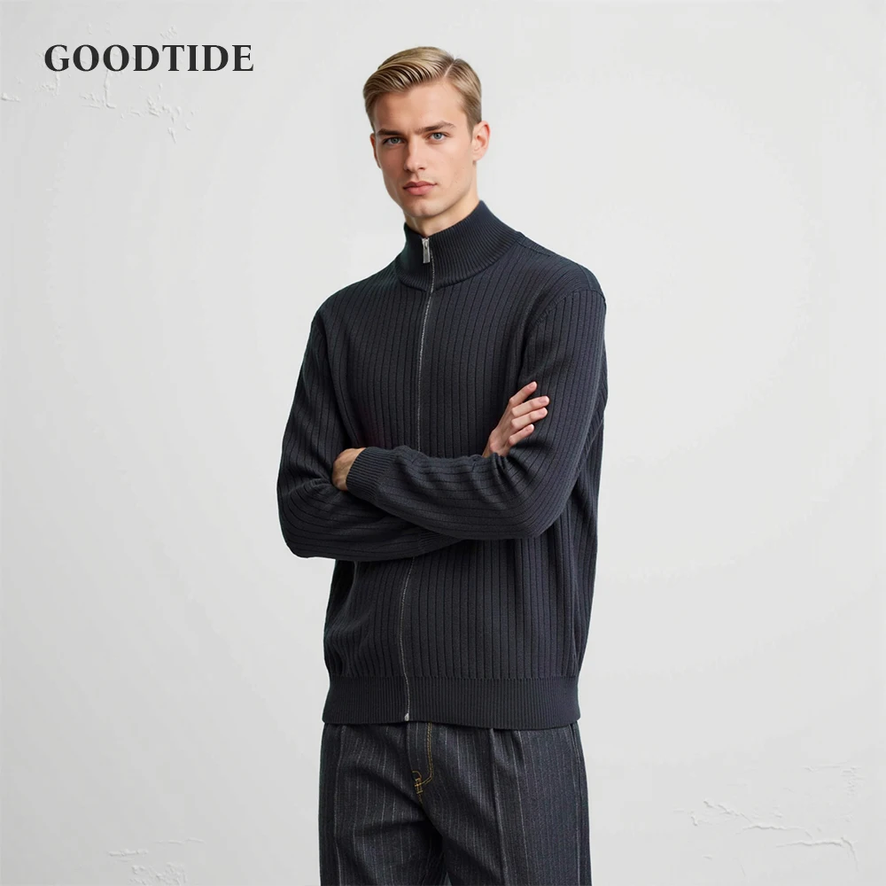 Fashion Men's Stand Collar Cardigan Knitted Sweater Autumn New Retro Zipper Vertical Stripe Long Sleeve Top Coat Men's Jacket
