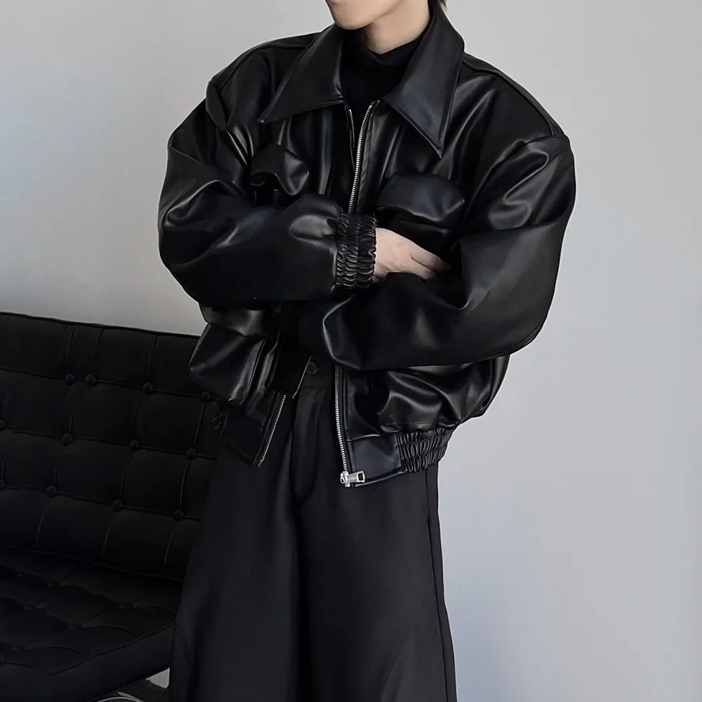 Y2K Mens PU Leather Jacket Pocket Motorcycle Coat Spring Casual Gothic High Street Dark Silhouette Top Men\'s Wear Unisex 2025