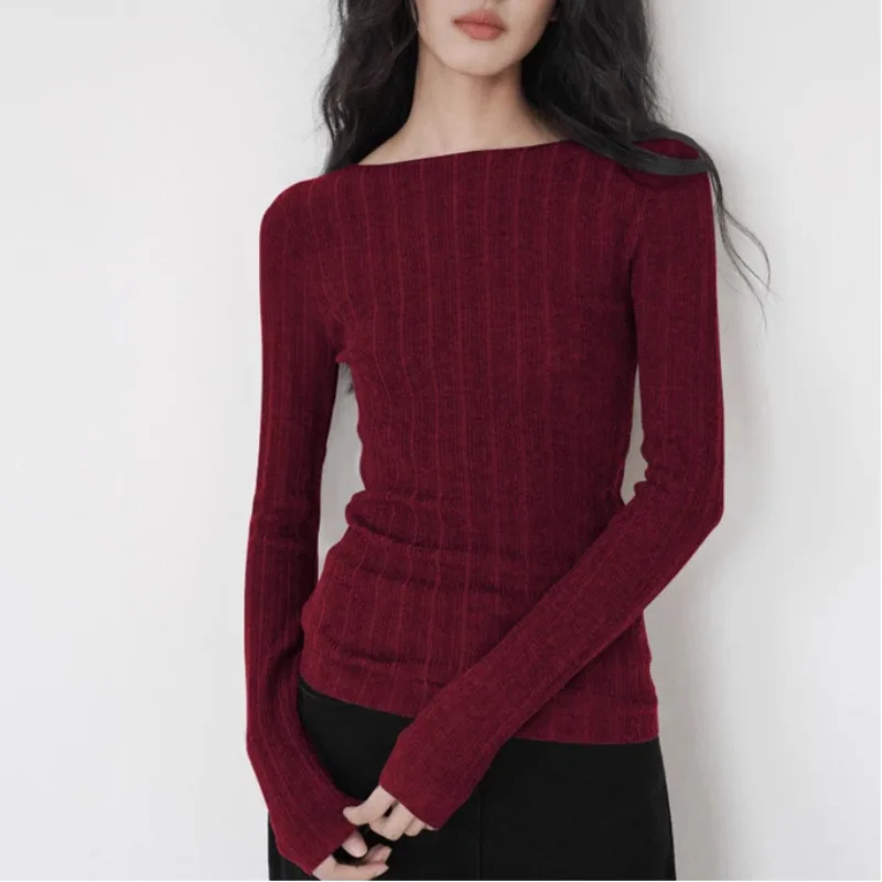 Women's French Retro Burgundy Knit Boat Neck Sweater Autumn Winter New Slim Fit Inner Wear Base Layer Top