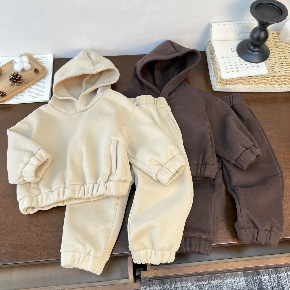Autumn Winter Boys Girls Clothing Set Solid Color Double-Sided Velvet Thick Warm Hoodies+Pants 2Pcs For 1-8Y Kids Casual Suit