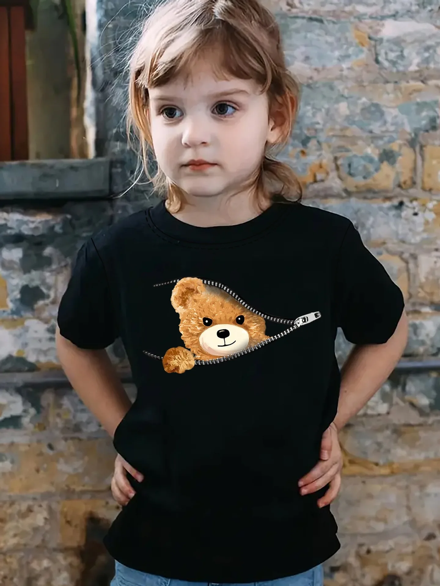 Ins Children's Clothing Girls' Cartoon Bear Print Pattern Round Neck Short-Sleeved T-Shirt Kidsren's Spring, Autumn and Summer Clothing Suitable for Girls Aged 1-10 Years Old, Home Leisure, Going Out, Versatile School Clothes