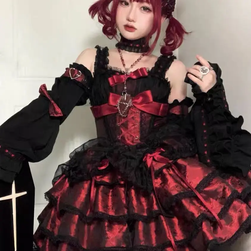 MAGOGO Gothic Lolita Y2k Dress Women Vintage Victorian Harajuku Bow Lace Bandage Party Dresses Spice Girls Sleeveless Vestidos