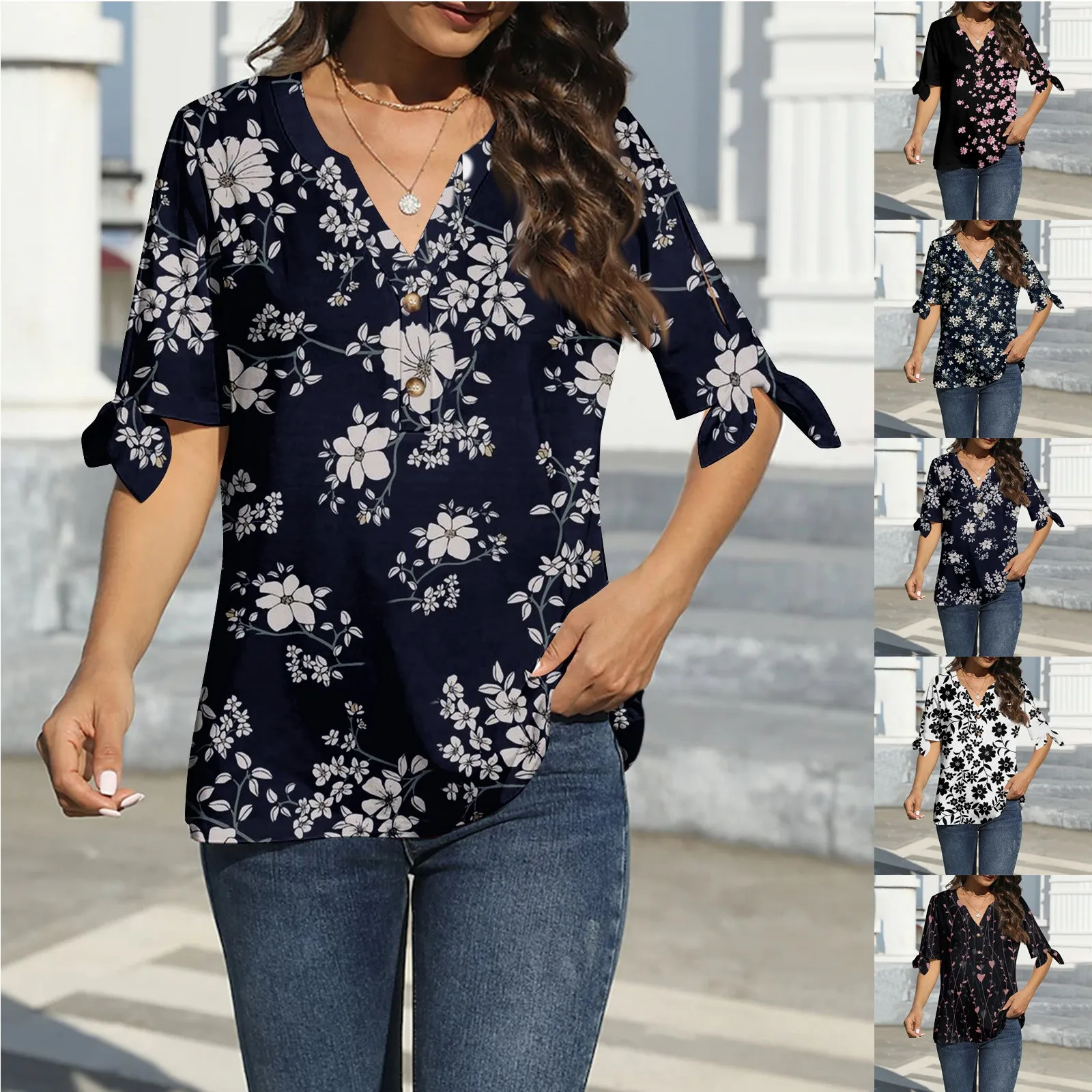 Women'S V-Neck T-Shirt Fashionable Casual Short Sleeve Cuff Tie Retro Floral Print T-Shirt Loose Elegant Button-Up Tee Tops