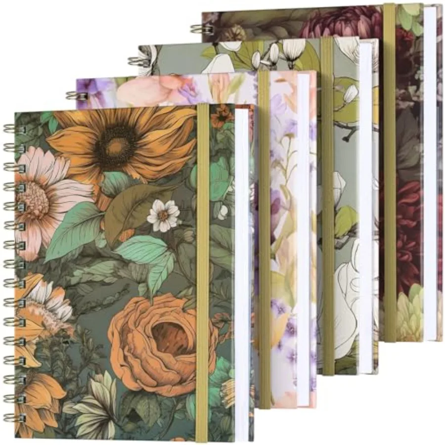 

Spiral Notebook, 4 Pack A5 Lined Journal for Women, Hardcover Spiral Journal with 2 Pockets, College Ruled Notebooks, Cute Note