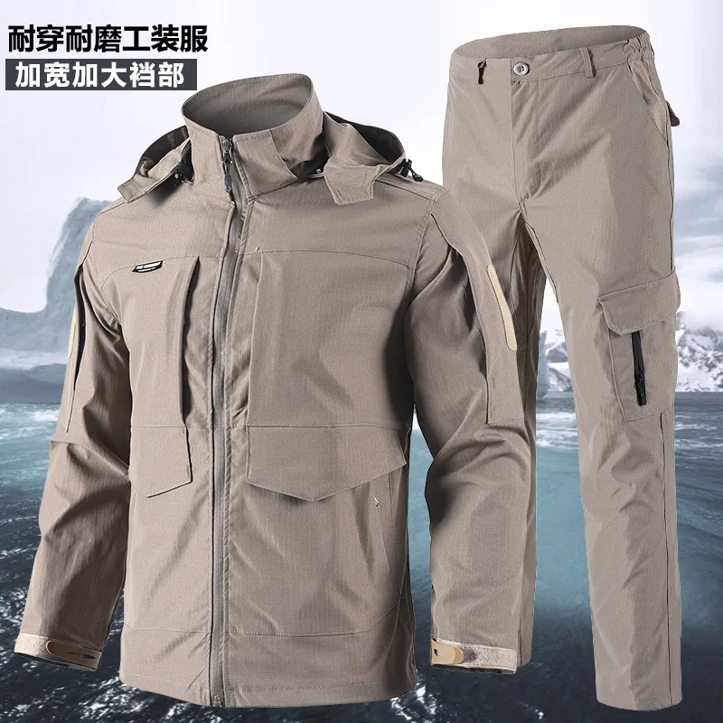 Frühling Herbst Herren Softshell Taktisches Zweiteiler-Set Wasserdicht Winddicht Multi-Taschen Abnehmbare Kapuze Jacke Gerade Cargohose – Detail 3