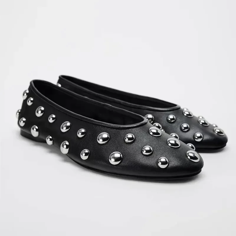 

2025 New Rivet Round Head Flat Shoes Luxury Black Leather Sandal Ballet Sandals Silver Ball Metal Hollow Mary Jane Shoes 35-42