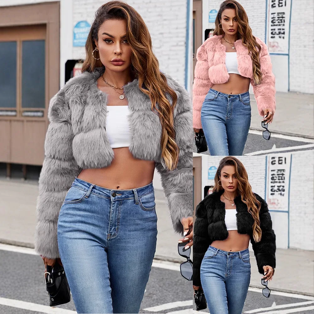 

2025 Winter Women's Artificial Fur Jacket Round Neck Solid Detailed Fur Coat For Female Furry Slim Cropped Lady Faux Fur Outwear