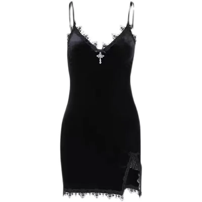 Women's Lace Patchwork Camisole Short Skirt European and American Fashion Slim Fit Black Face Temperament Slit V-neck Dress