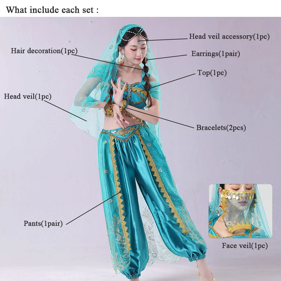 Halloween Festival Arabian Cosplay Princess Jasmine Costume Belly Dance Indian Bollywood Veil Top Pants Accessories Set Festival