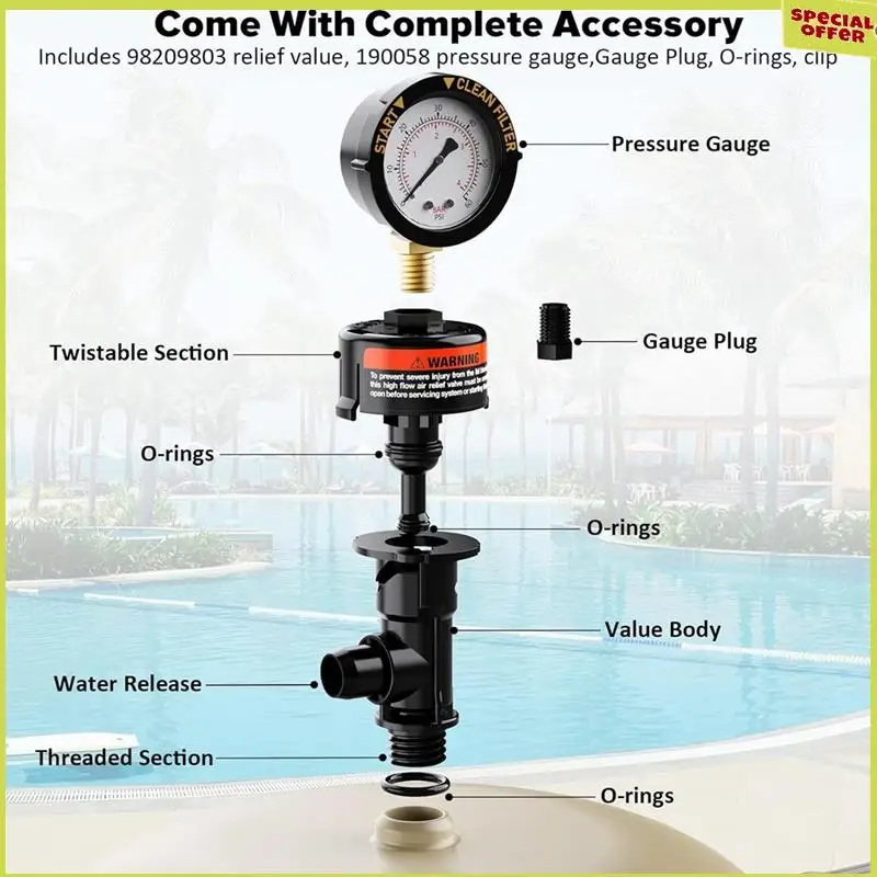 

A34R 98209800 Pool Filter Pressure Gauge, Manual Bleed Valve Release Valve For Pool And Spa Filters 98209803 Easy Install Easy T