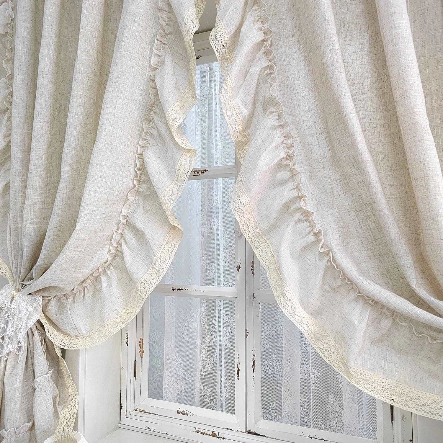 1PC Vintage Ruffled Curtain for Living Room Linen Drape Window Bedroom Semi-Shading Cafe Kitchen Home Decoration #E