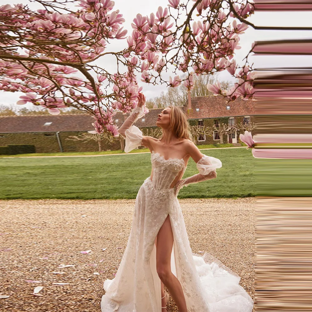 

Customized Romantic Wedding Dresses Elegant Bridal Gowns Lace Appliques Beading Sexy High Slit Robes Backless Vestidos De Novia