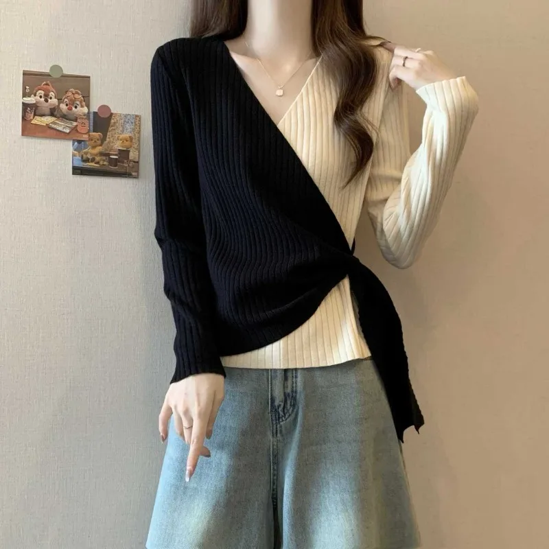 Dames Contrastkleur Patchwork Asymmetrische Gebreide Trui Herfst Stijlvolle V-Hals Lange Mouw Slanke Pullover Tops Truien