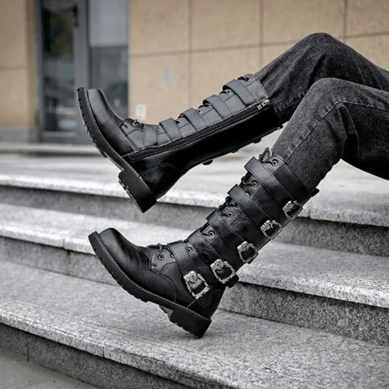 New Large Size Men's Leather Motorcycle Boots Mid-calf Combat Boots Gothic Belt Punk Boots Men High Top Shoes Tactical Boot 2026 view 4