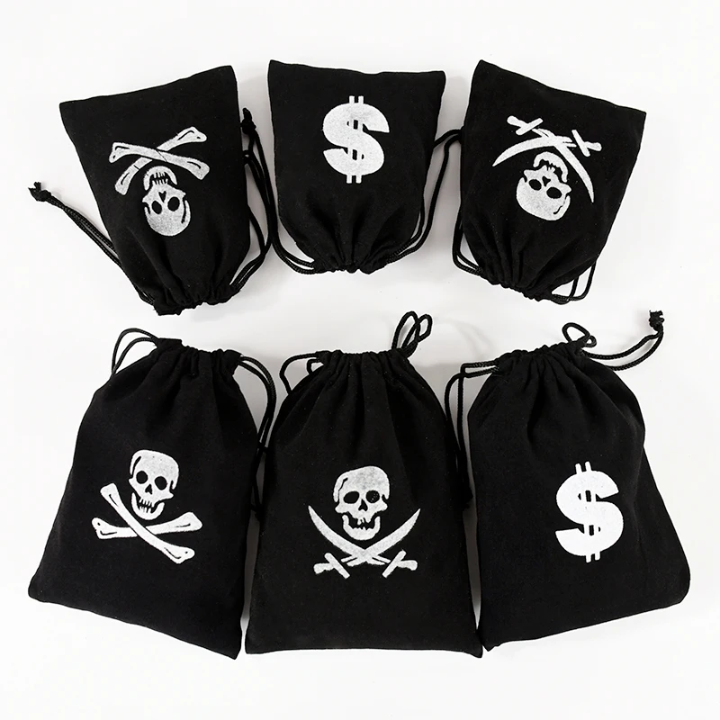 Bolsas de botín de pirata con cordón para decoración de Halloween, 5 piezas, bolsa de regalo, joyería de caramelo, bolsillo de Goodie