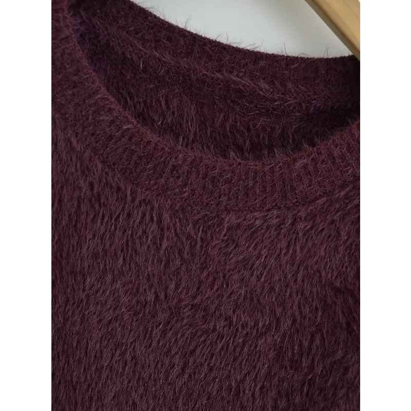 TRAF ZR Knit Pullovers Harajuku Vintage Burgundy Sweater Mink Cashmere Pullovers Long Sleeve Sweaters Women\'s Autumn Sweater