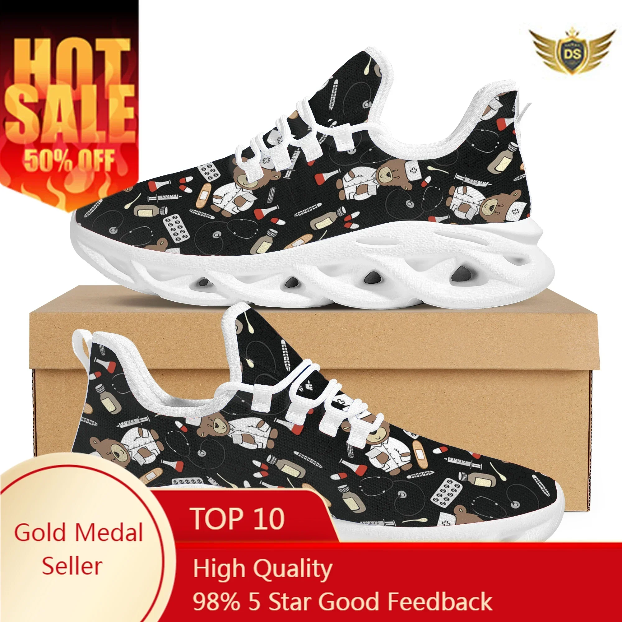 

Cute Bear Nurse Women Sneakers White Nursing Shoes Cute Cartoon Nurse Doctor Medical Print Light Lace-up Flats Footwear