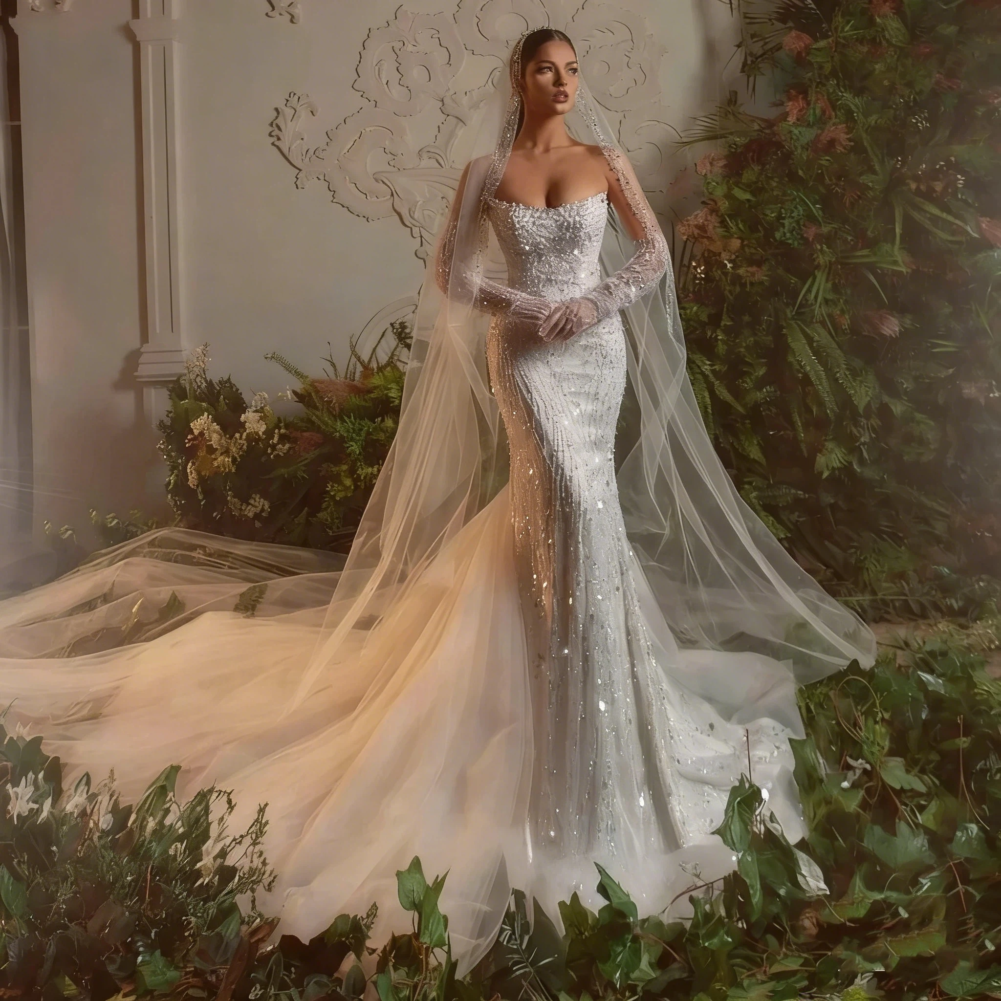 Luxurious Mermaid Lace Pearl Women's Wedding Dress New Sexy Off Shoulder Strap Detachable Sleeves Ball Bridal Dress Customized