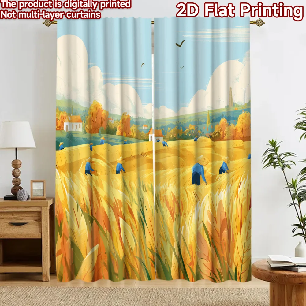 2PCS Digital Print Curtains, Autumn Harvest Wheat Field Farmer Country House Pattern, Illustration Rustic Style for Kitchen ／